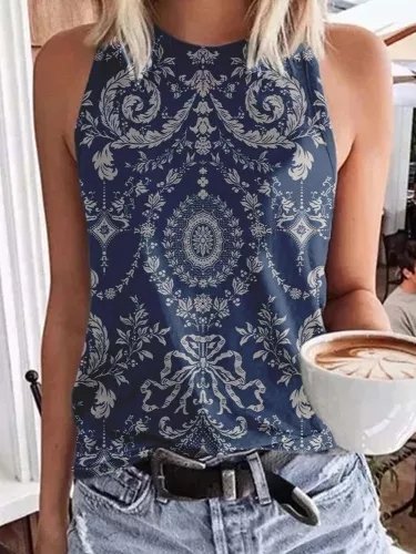 

Casual Tribal Crew Neck Tanks & Camis, Blue, Tanks & Camis
