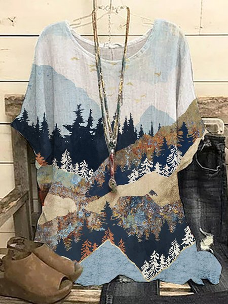 

Landscape Print Crew Neck Loose Doll Sleeve Top, Blue, Shirts & Blouses