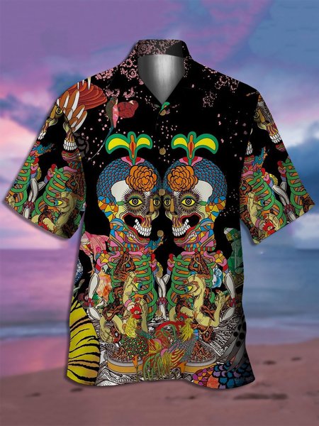 

Men's Skull Floral Print Moisture-Breathable Fabric Hawaiian Collar Short Sleeve Shirt, Black, Men's Floral shirt