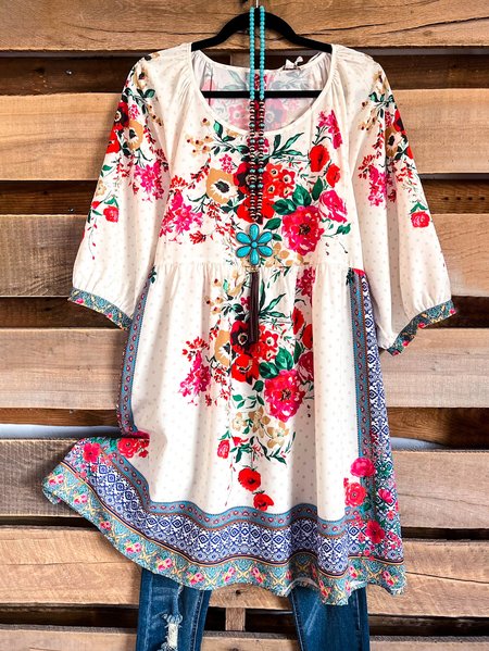 

Holiday Ethnic Orientation Print Loose Crewneck Dress, Apricot, Mini Dresses
