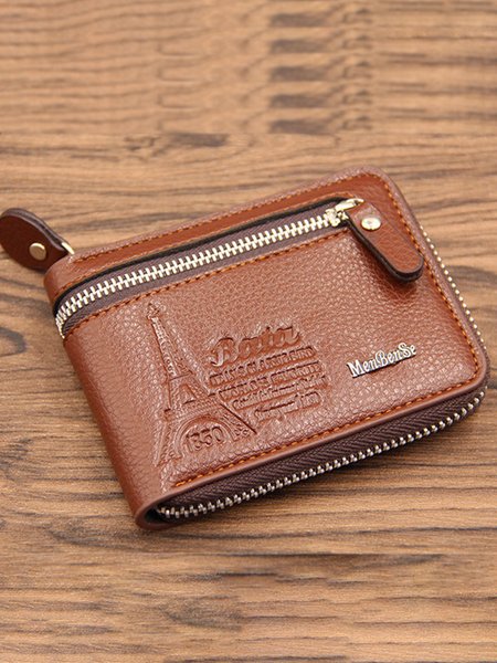 Men's Plain Alphabet Print Zip Wallet, Brown, Men Bags