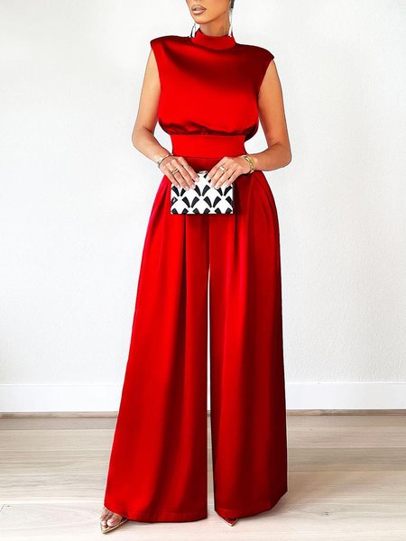 

Regular Fit Elegant Solid Sleeveless Jumpsuit, Red, Jumpsuits