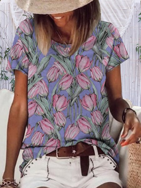 

Tulip flower holiday loose Pullover T-shirt Plus Size, Pink, T-Shirts
