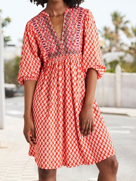 

Boho Cotton-Blend Floral Dresses, Red, Mini Dresses