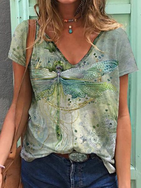 

JFN V Neck Dragonfly Print Casual Loose Knit T-Shirt/Tee, Green, Tops
