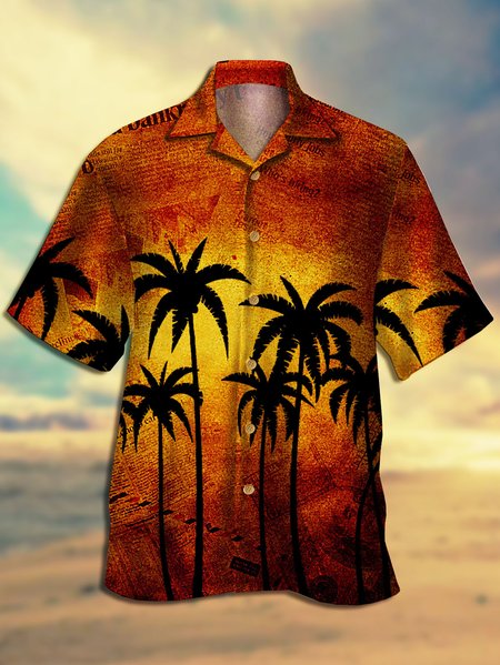 

Men's Vintage Coconut Tree Print Casual Breathable Hawaiian Short Sleeve Shirt, Brown, Men's Floral shirt