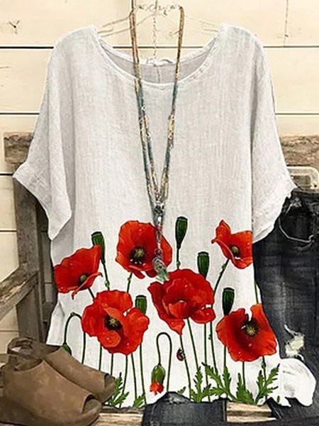 

Crew Neck Vacation Floral Loosen Blouse, White, Shirts & Blouses
