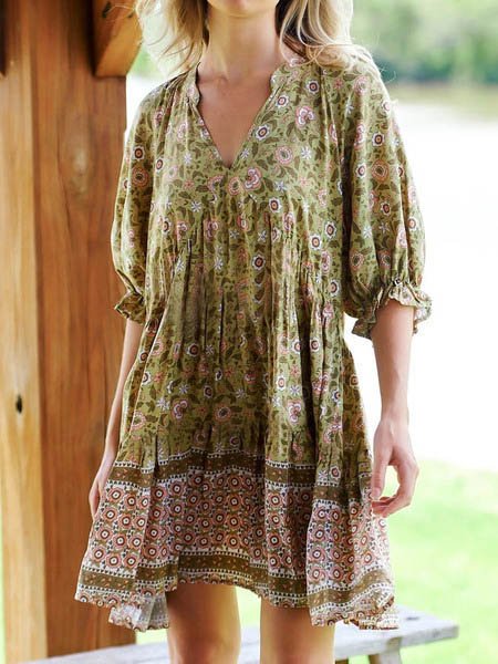 

Floral Vintage V Neck Dresses, Green, Mini Dresses