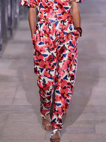 

Floral Elegant Fashion Loosen Daily Pants, Flower, Wide Leg Pants