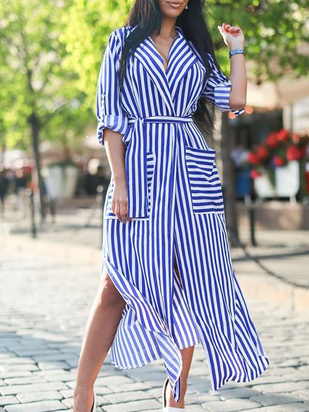 

Summer Non-Stretch Lightweight Vacation Three Quarter Dresses, Stripe-blue, Maxi Dresses