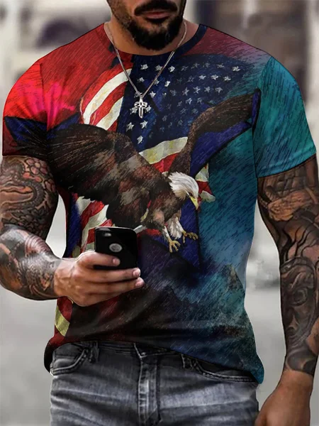 

Men Eagle American Flag Gradient Color Letter Outdoor Short Sleeve T-Shirt, As picture, T-shirts
