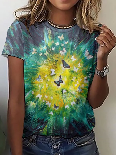 

Women's Vintage Abstract Butterfly Print Crew Neck T-Shirt, As picture, T-shirts