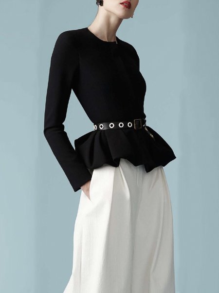 

Long sleeve Regular Fit Elegant Crew Neck Black Top, Tops