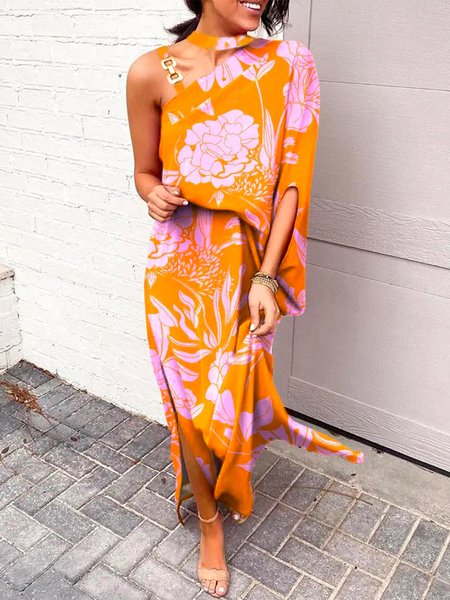 

Vacation Chain Cold Shoulder Floral Printed Dress, Orange, Maxi Dresses
