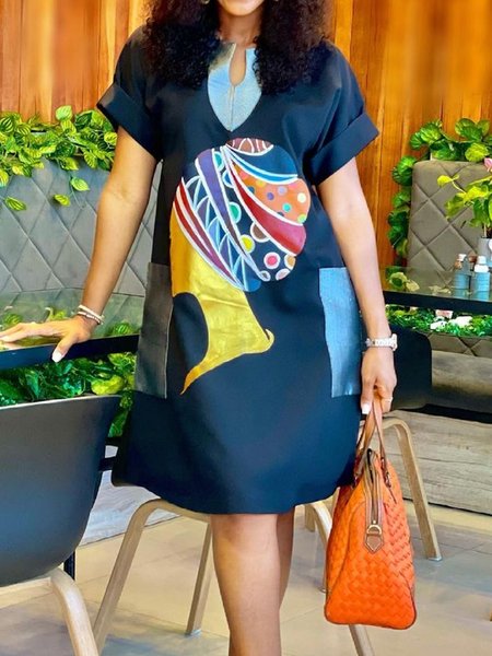 

Casual Regular Fit Short Neck Notched Mini Dress, Multicolor, Midi Dresses