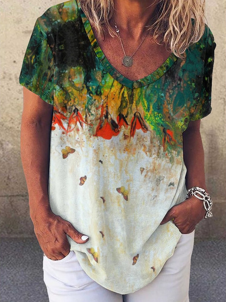 

Women's Casual Abstract Floral Butterfly Print V-Neck T-Shirt, As picture, T-shirts