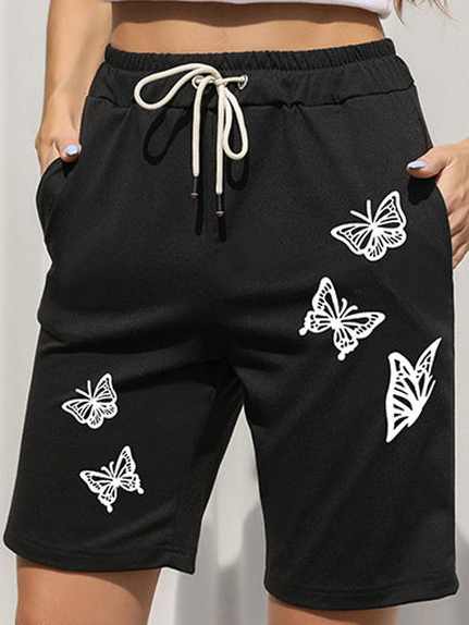

Cotton Blends Loosen Butterfly Casual Pants, Black, Shorts