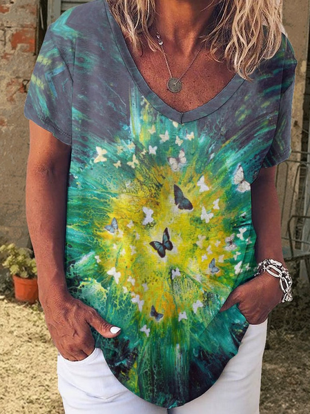 

Women's Vintage Abstract Butterfly Print V-Neck T-Shirt, As picture, T-shirts
