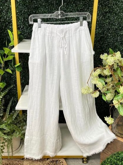 

Cotton leprosy elastic waist pocket loose Wide Leg Pants Plus Size, White, Pants