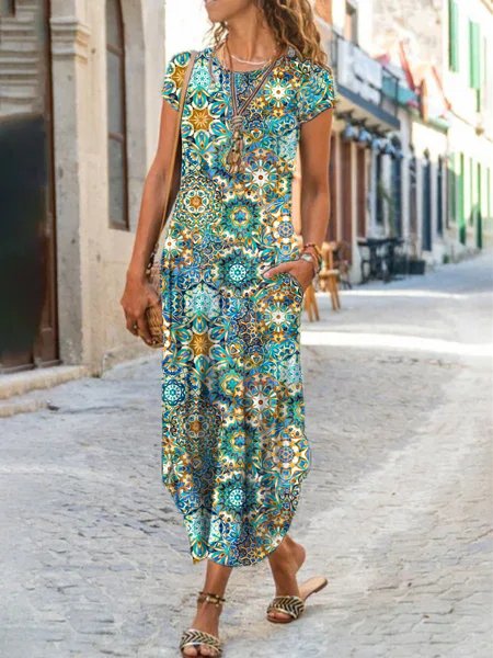 

Ethnic Crew Neck Casual Dresses, Green, Dresses