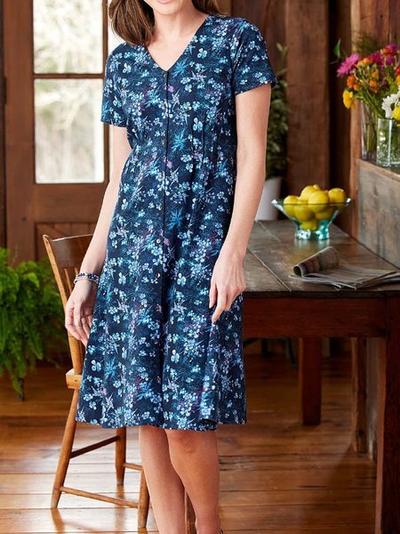 

Casual Crew Neck Floral Dresses, Blue, Dresses