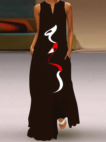 

Abstract Vacation V Neck Dress, Black, Maxi Dresses