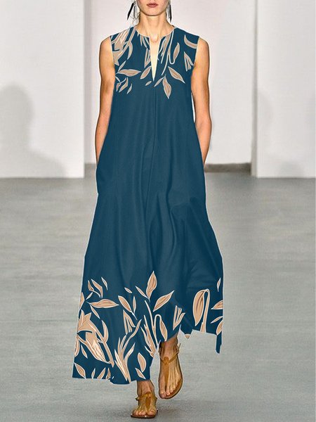 

Vacation V Neck Printed Casual Pockets Sleeveless Dress, Blue, Maxi Dresses