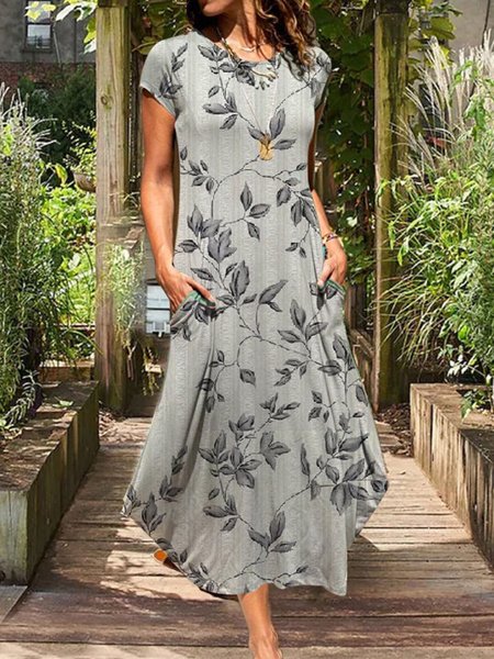 

Leaf Print Casual Crewneck Knit Dress, Gray, Maxi Dresses