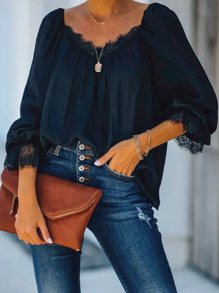 

Summer Mid-weight Three Quarter Vacation Plain V Neck Daily Tops, Dark blue, Blouses and Shirts