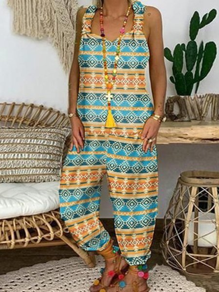 

V Neck Vacation Jumpsuit & Romper, Multicolor, Jumpsuits＆Rompers