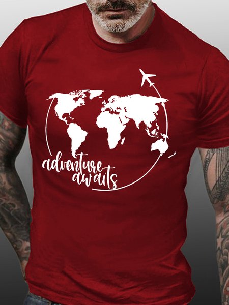 

Adventure World Map Men's Cotton Short Sleeve T-Shirt, Red, T-shirts