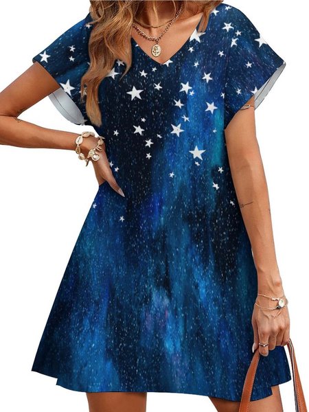 

star women’s V Neck Basics Cotton Dresses, Blue, Dresses