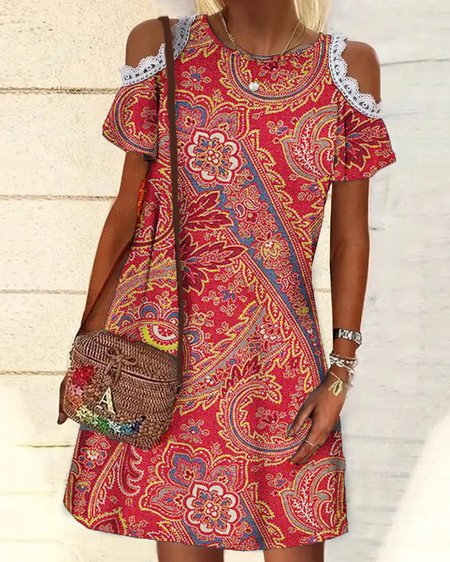 

Crew Neck Paisley Boho Dresses, Red, Dresses
