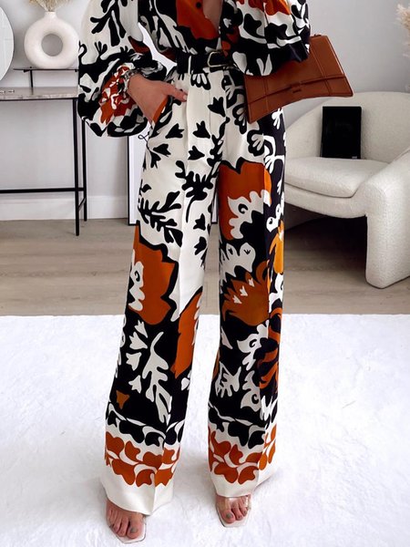 

Vacation Printed Fashion Pockets Straight Leg Pants, As picture, Wide Leg Pants