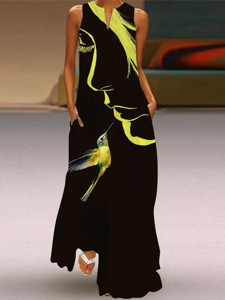 

Casual Sleeveless Notched Loosen Maxi Dress, Black, Maxi Dresses