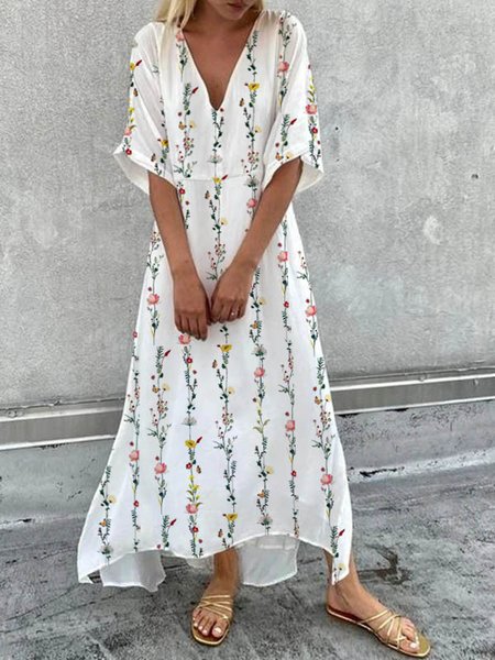 

V Neck Loose Floral Dresses, White, Dresses
