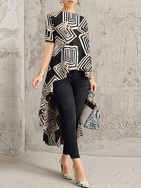 

Daily Printed Crew Neck Short Sleeve Top, Black, Blouses and Shirts