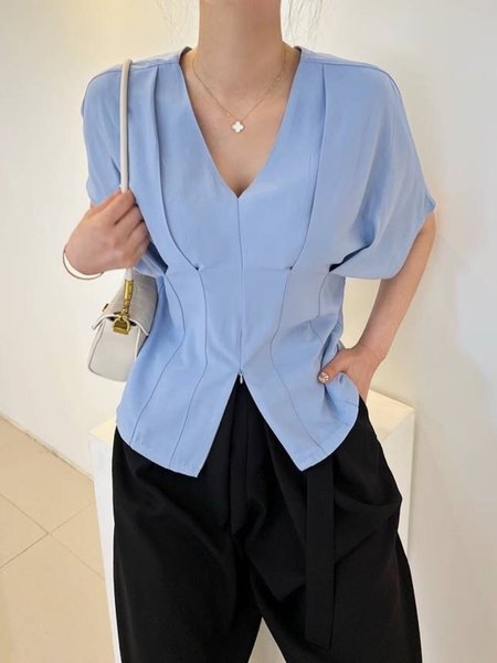 

Summer Mid-weight V neck Short sleeve Elegant Daily Tops, Blue, Tops