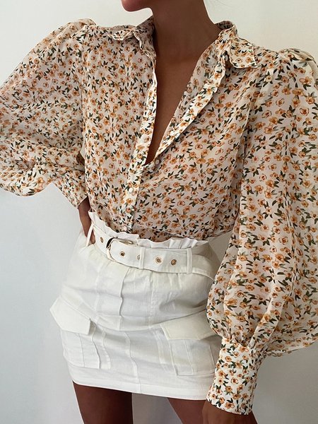 

Long sleeve Floral Elegant Shirt Collar Blouse, Apricot, Blouses and Shirts