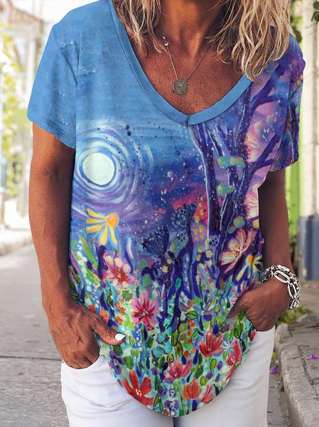 

Women's Casual Abstract Floral Print V-Neck T-Shirt, As picture, T-shirts