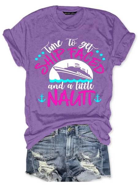 

Womens Lets Get Ship Faced and Nauti Girls Trip Casual T-Shirt, Purple, T-shirts
