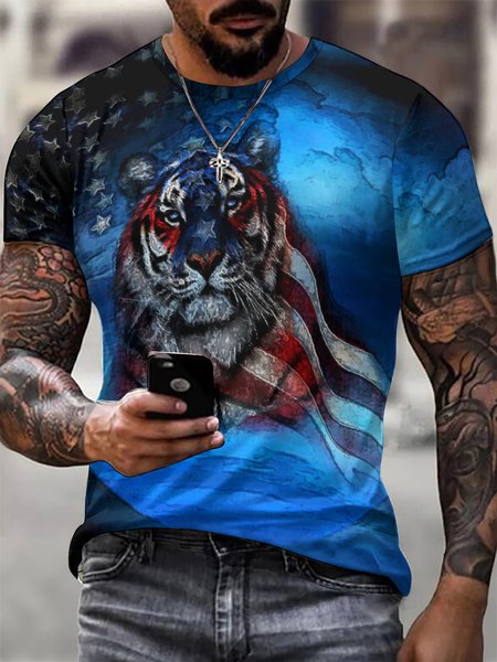 

Men Tiger American Flag Gradient Color Letter Vintage T-Shirt, Blue, T-shirts