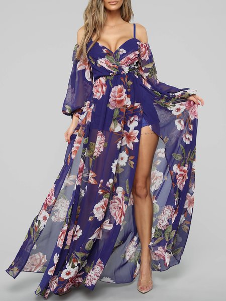 

Holiday Off The Shoulder Printed Floral Dress, Purple, Maxi Dresses