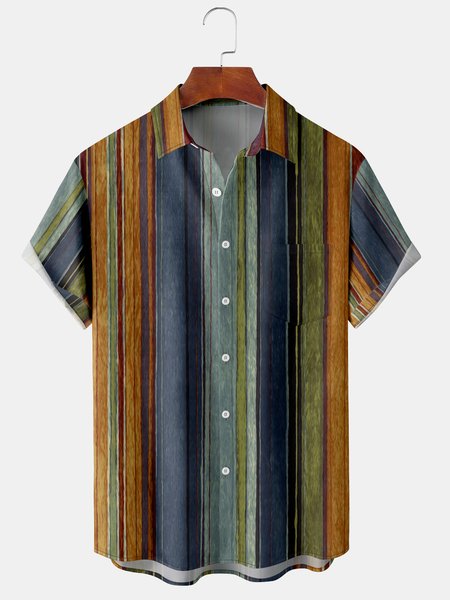 

Casual Art Collection Geometric Stripe Pattern Lapel Short Sleeve Chest Pocket Shirt Print Top, Multicolor, Men's Floral shirt
