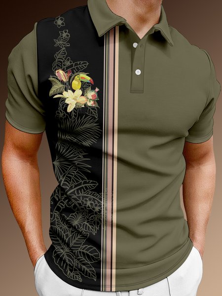 

Resort Style Hawaiian Series Striped Geometric Plants, Flowers, Leaves And Toucan Elements Pattern Lapel Short-Sleeved Polo Print Top, Green, Men's t-shirts