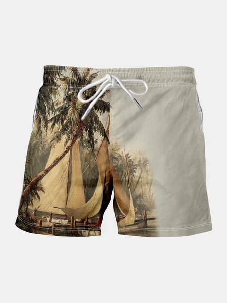 

Men's Coconut Print Elastic Waist Casual Shorts, Khaki, Men's shorts
