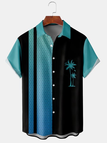 

Men's Coconut Tree Geometric Print Short Sleeve Shirt, Black, Men's Floral shirt