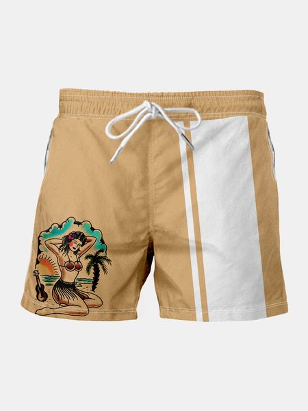 

Men's Retro Girl Coconut Elastic Waist Casual Shorts, Khaki, Men's shorts