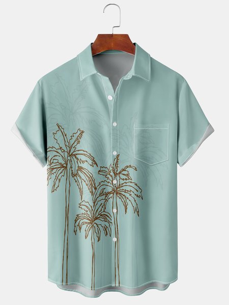 

Resort Style Hawaiian Series Botanical Coconut Tree Element Pattern Lapel Short-Sleeved Chest Pocket Shirt Printed Top, Lightgreen, Men's Floral shirt