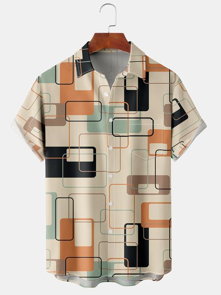 

Men's Geometric Abstract Print Casual Breathable Hawaiian Short Sleeve Shirt, Apricot, Men's Floral shirt